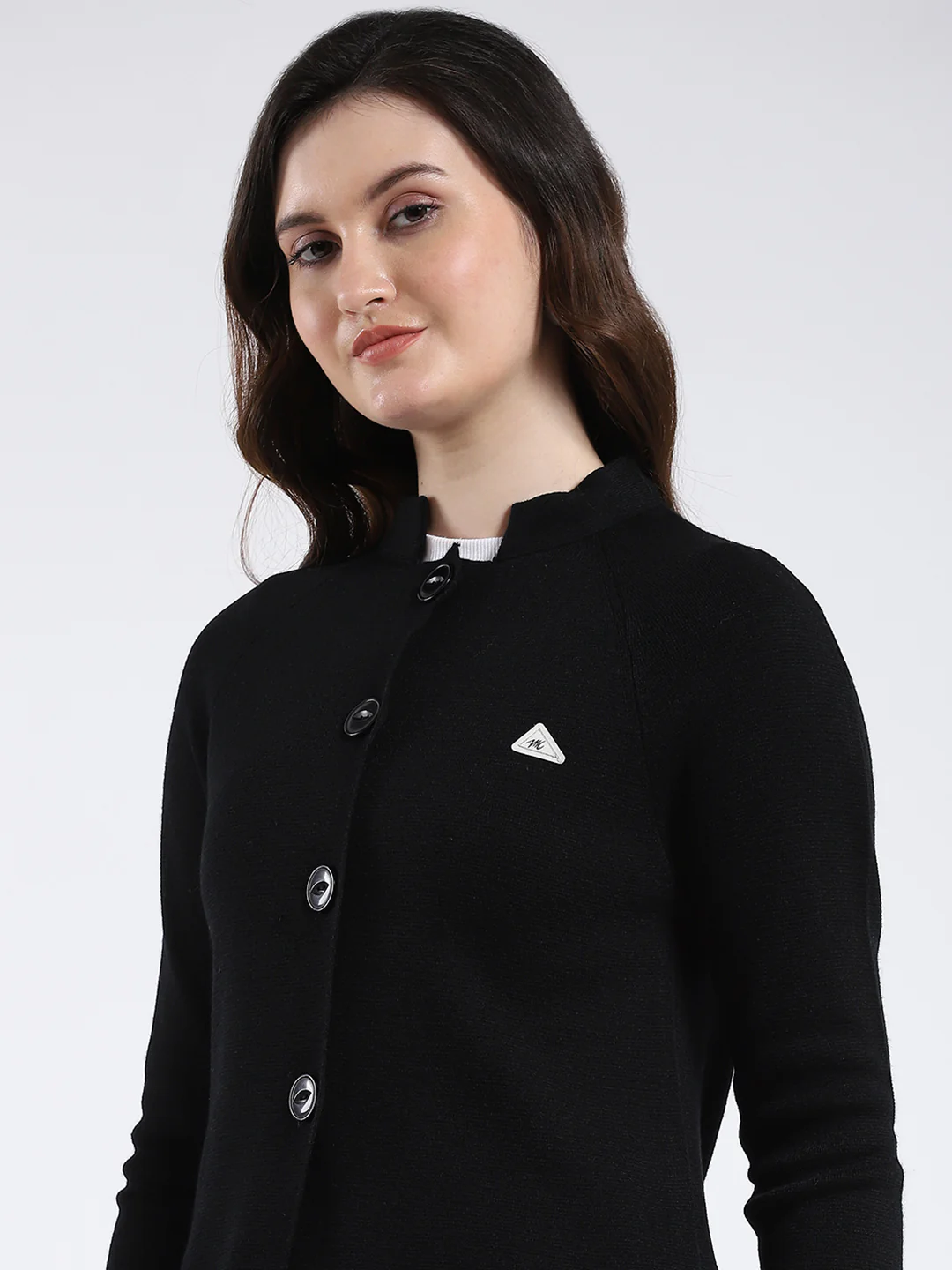Women Black Solid Band Neck Full Sleeve Cardigan - Image 7