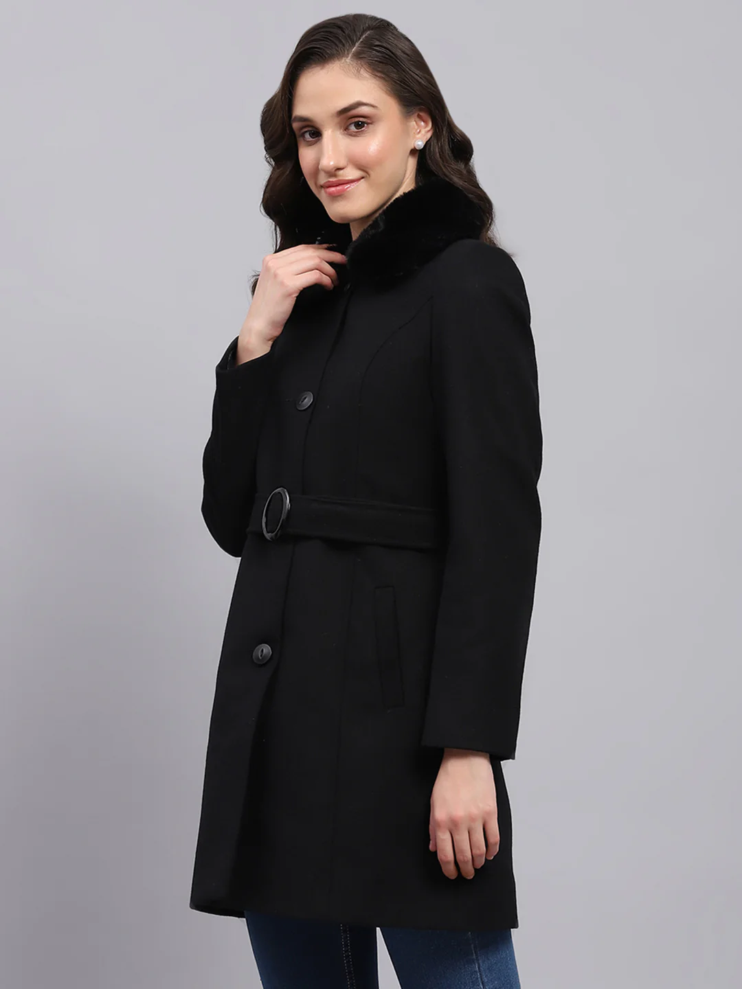 Women Black Solid Collar Full Sleeve Coat - Image 3