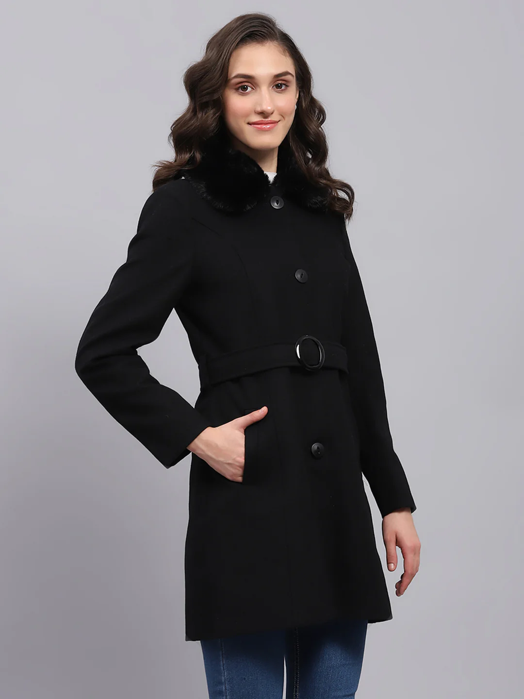Women Black Solid Collar Full Sleeve Coat - Image 4