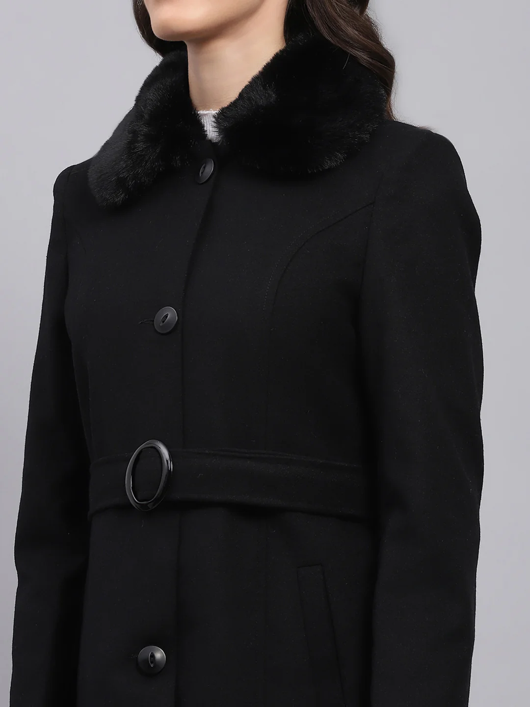 Women Black Solid Collar Full Sleeve Coat - Image 6