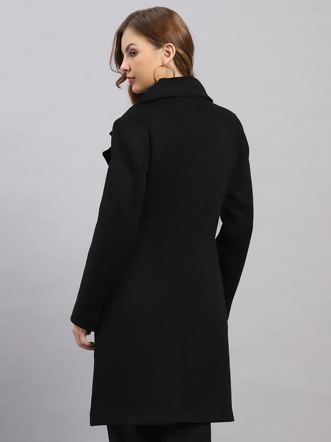 Women Black Solid Collar Full Sleeve Coat - Image 5