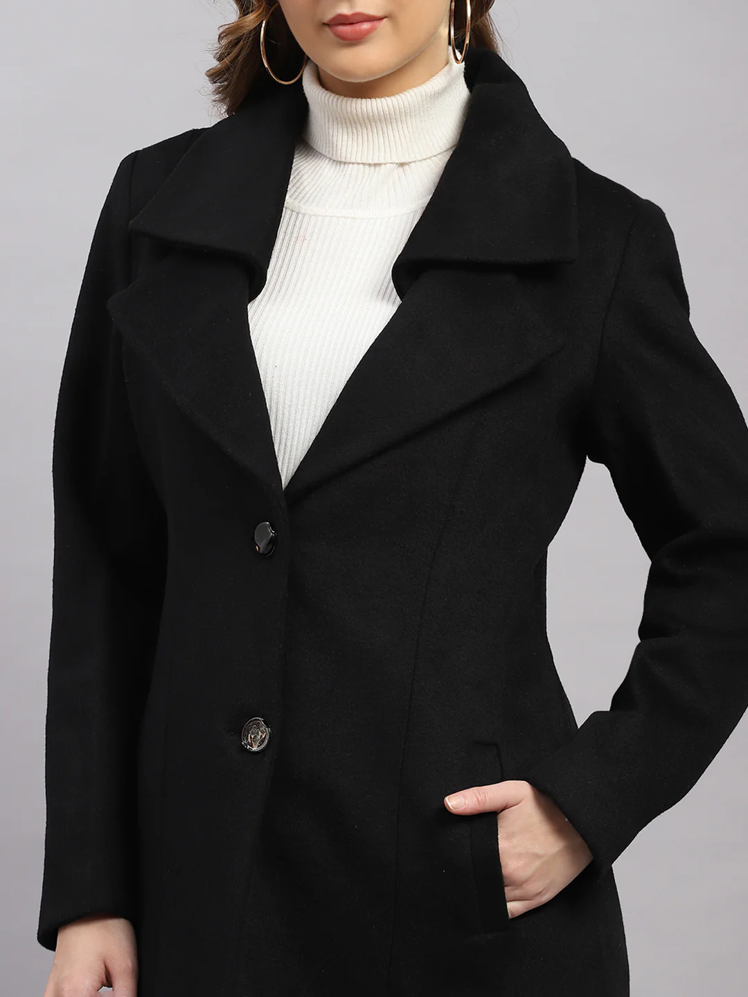 Women Black Solid Collar Full Sleeve Coat - Image 6