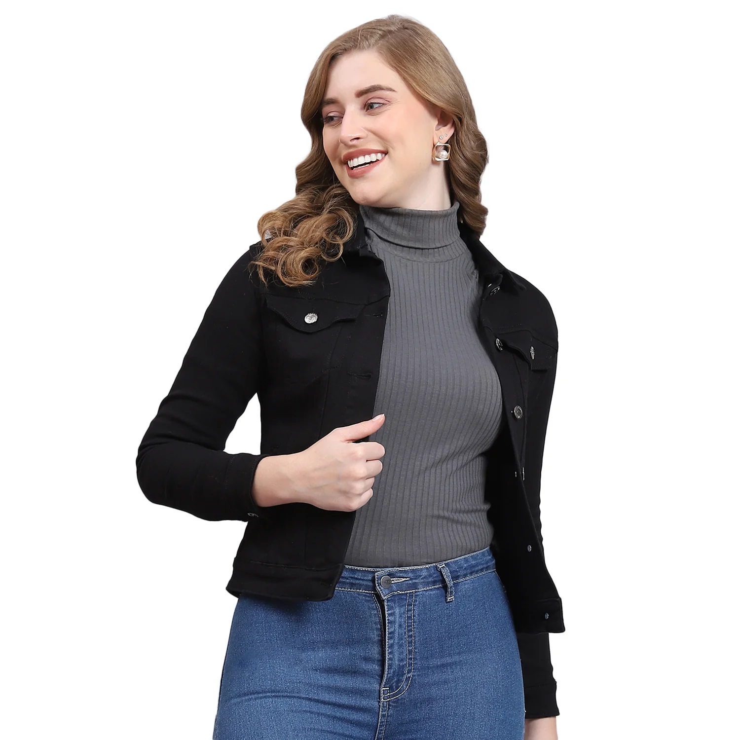 Women Black Solid Collar Full Sleeve Jacket - Image 5