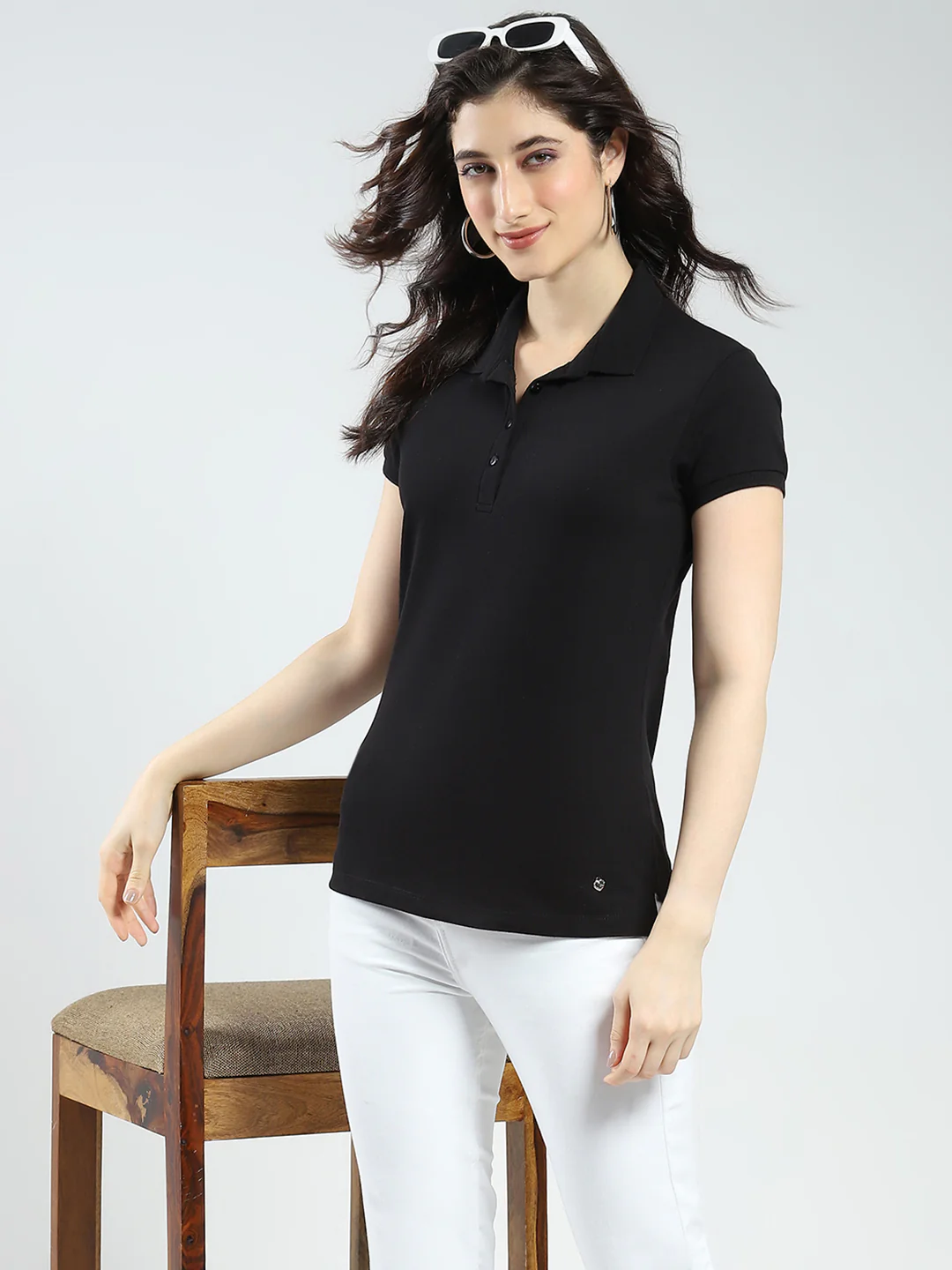 Women Black Solid Collar Half Sleeve T-Shirt - Image 2