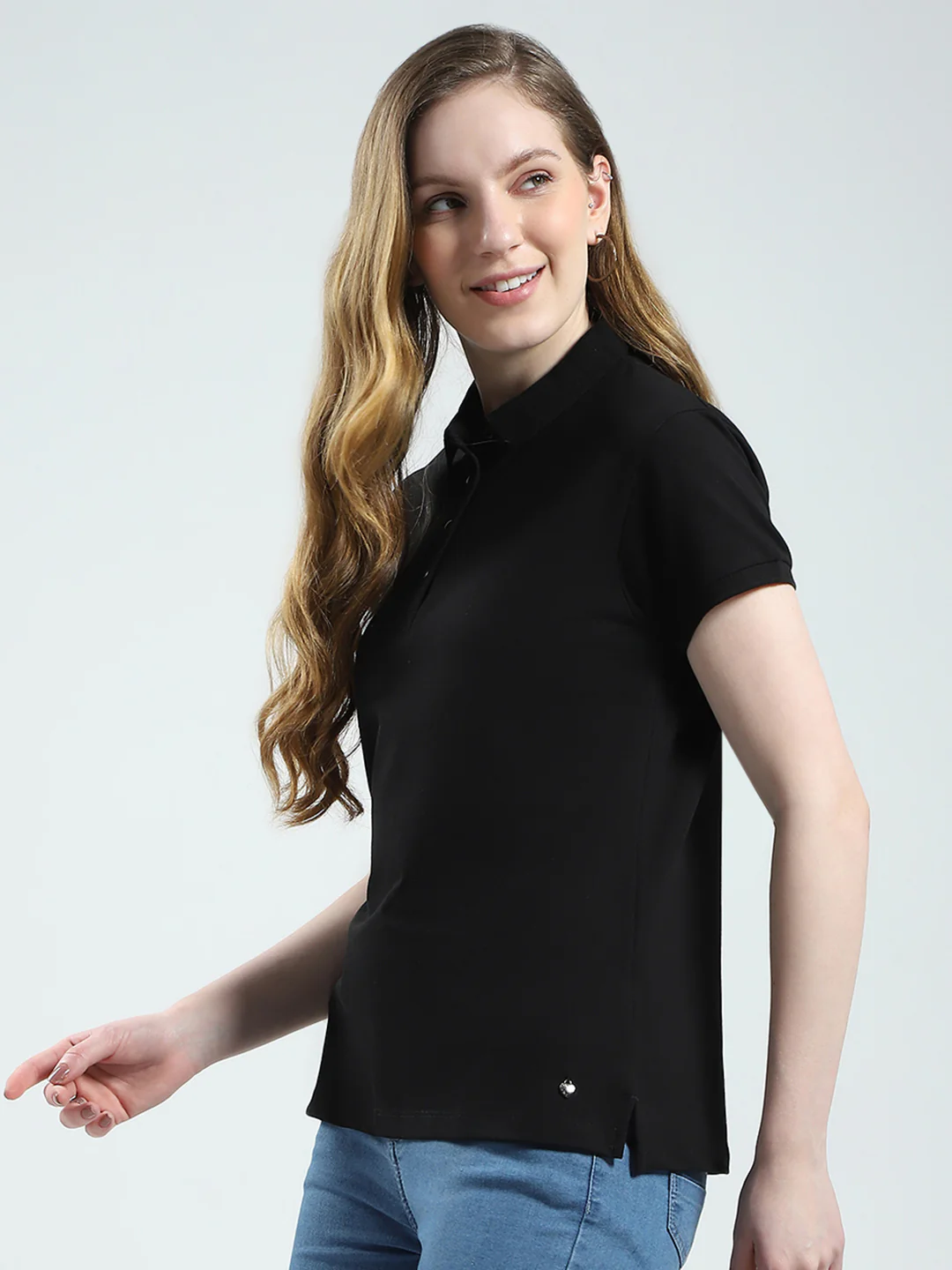 Women Black Solid Collar Half Sleeve T-Shirt - Image 3