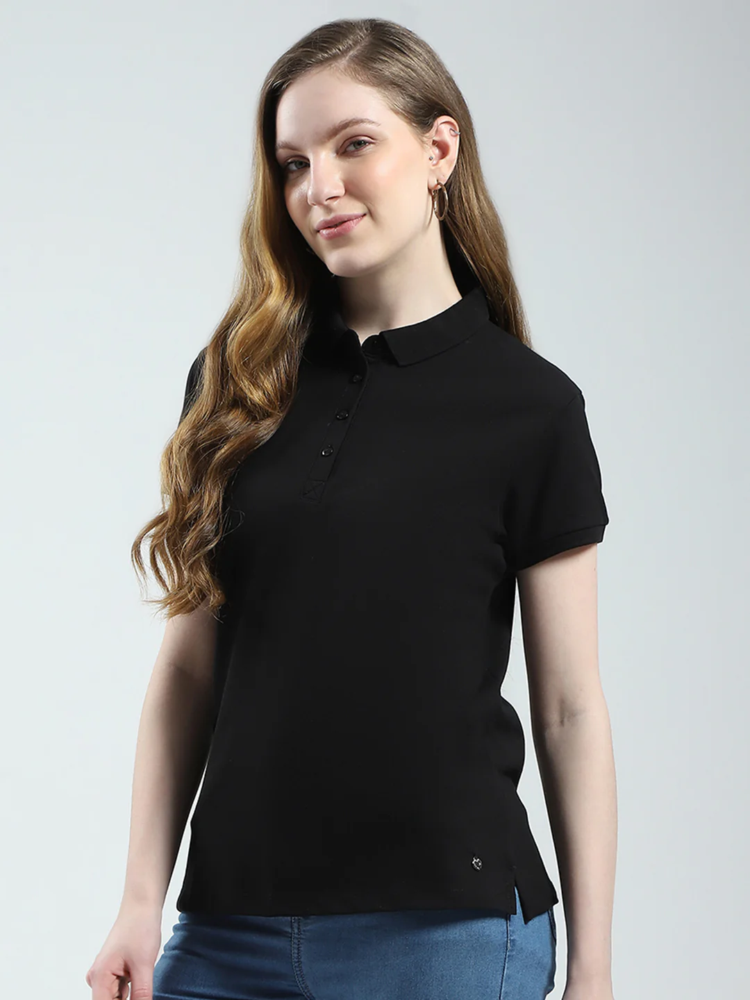 Women Black Solid Collar Half Sleeve T-Shirt - Image 6