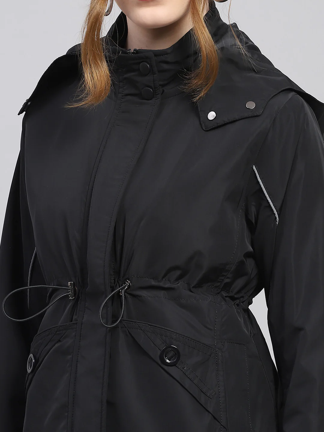 Women Black Solid Detachable Hood Full Sleeve Jacket - Image 8