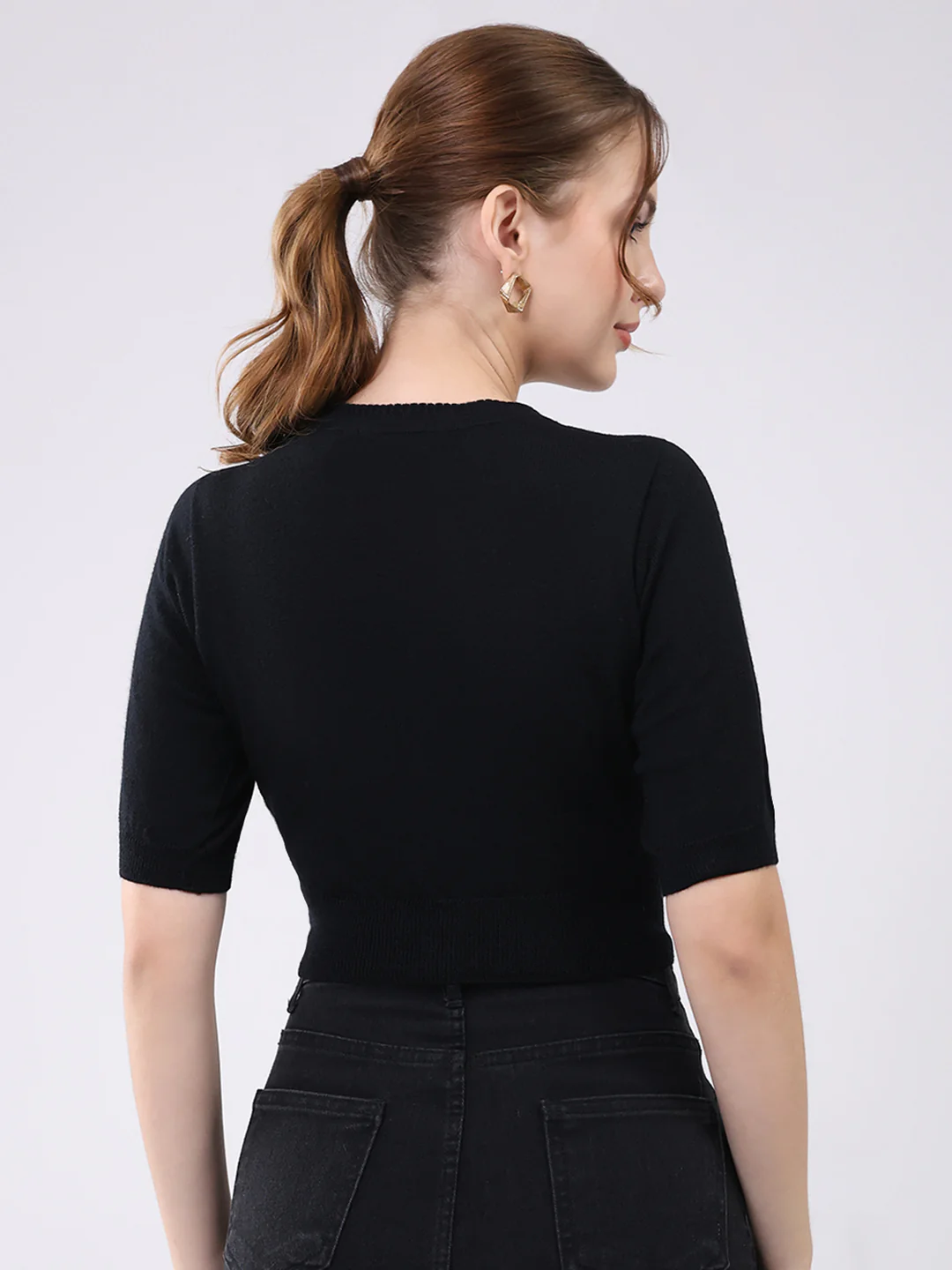 Women Black Solid Front Open Half Sleeve Cardigan - Image 5