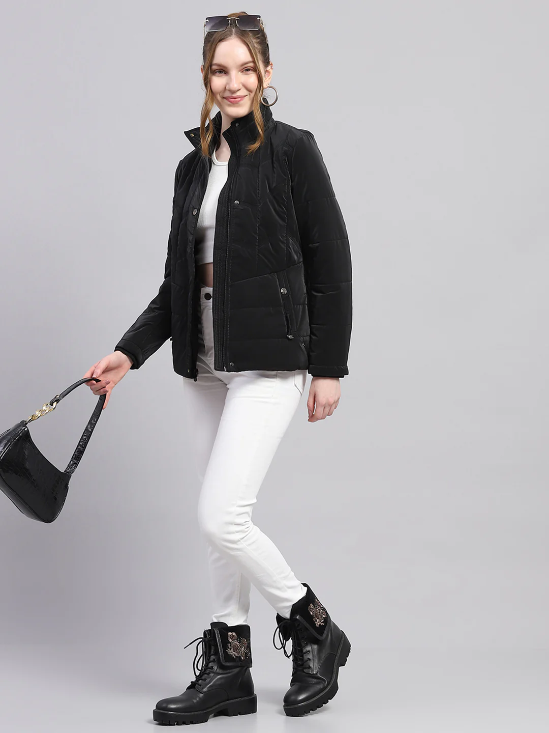 Women Black Solid High Neck Full Sleeve Jacket - Image 2