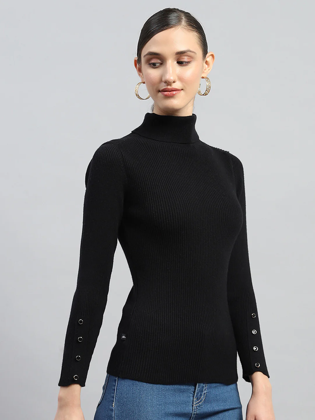Women Black Solid High Neck Full Sleeve Sceavy - Image 4