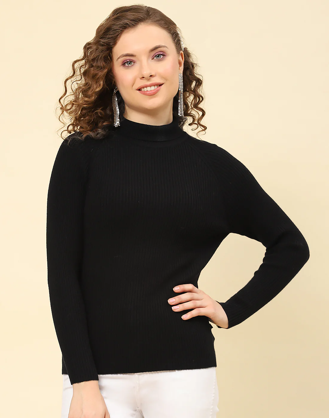 Women Black Solid High Neck Full Sleeve Sweater - Image 3