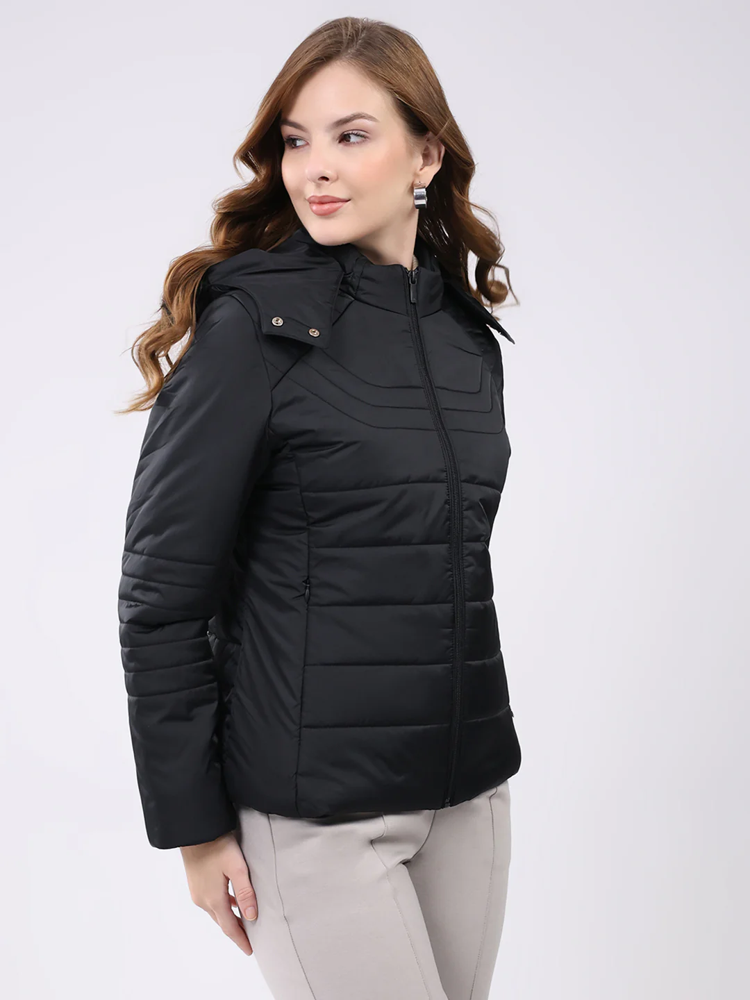 Women Black Solid Hooded Full Sleeve Jacket - Image 4