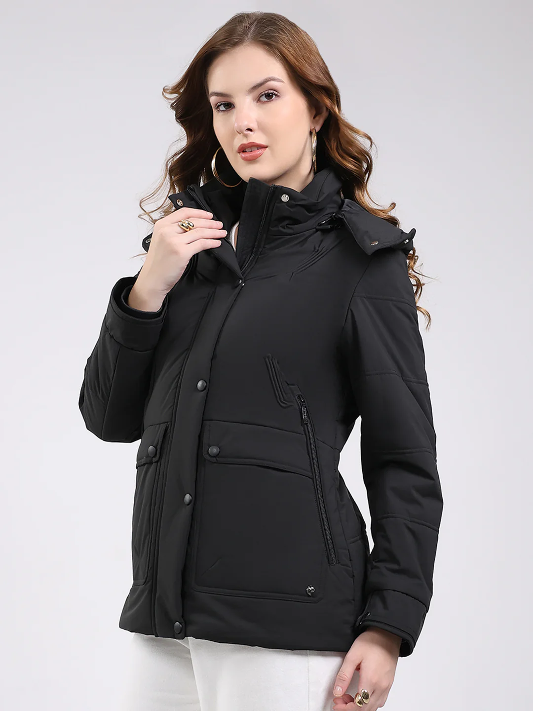 Women Black Solid Hooded Full Sleeve Jacket - Image 3