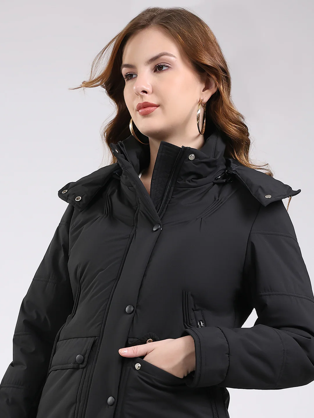 Women Black Solid Hooded Full Sleeve Jacket - Image 7