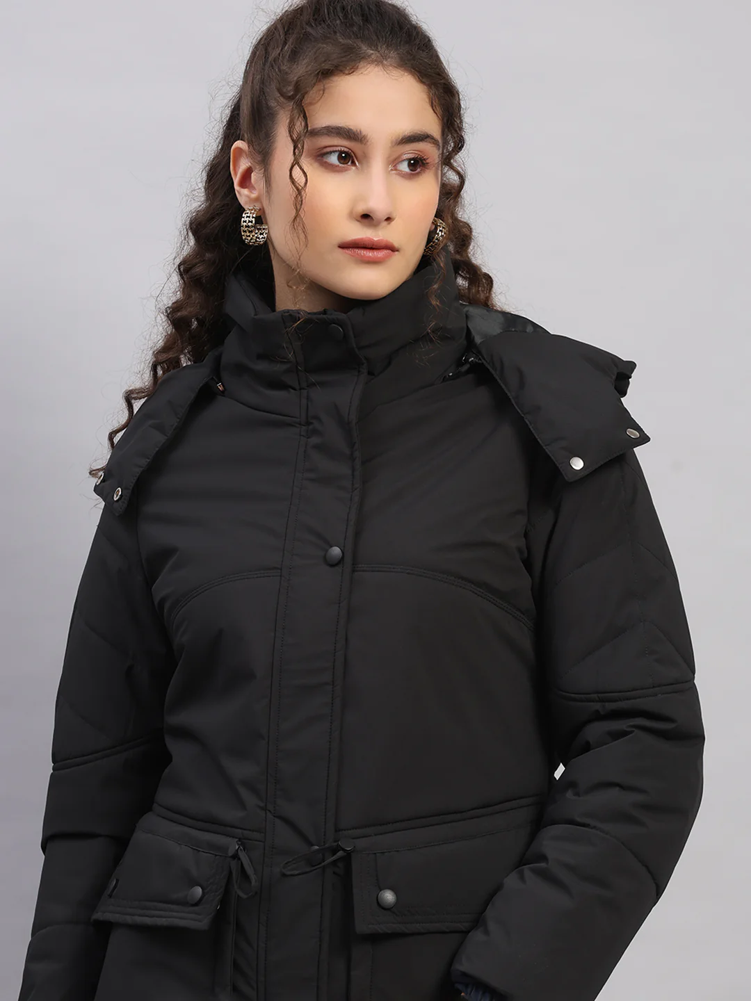Women Black Solid Hooded Full Sleeve Jacket - Image 7