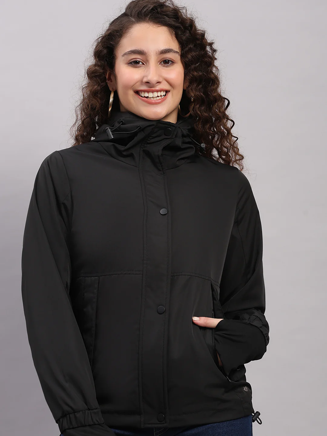Women Black Solid Hooded Full Sleeve Jacket - Image 6