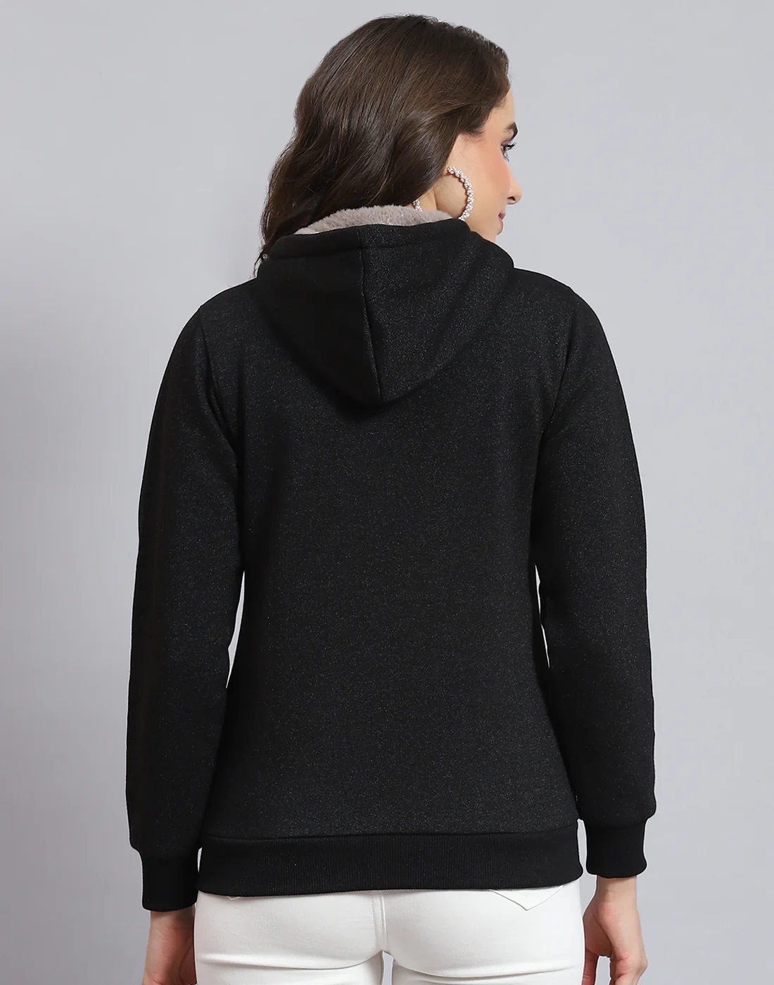Women Black Solid Hooded Full Sleeve Sweatshirt - Image 6