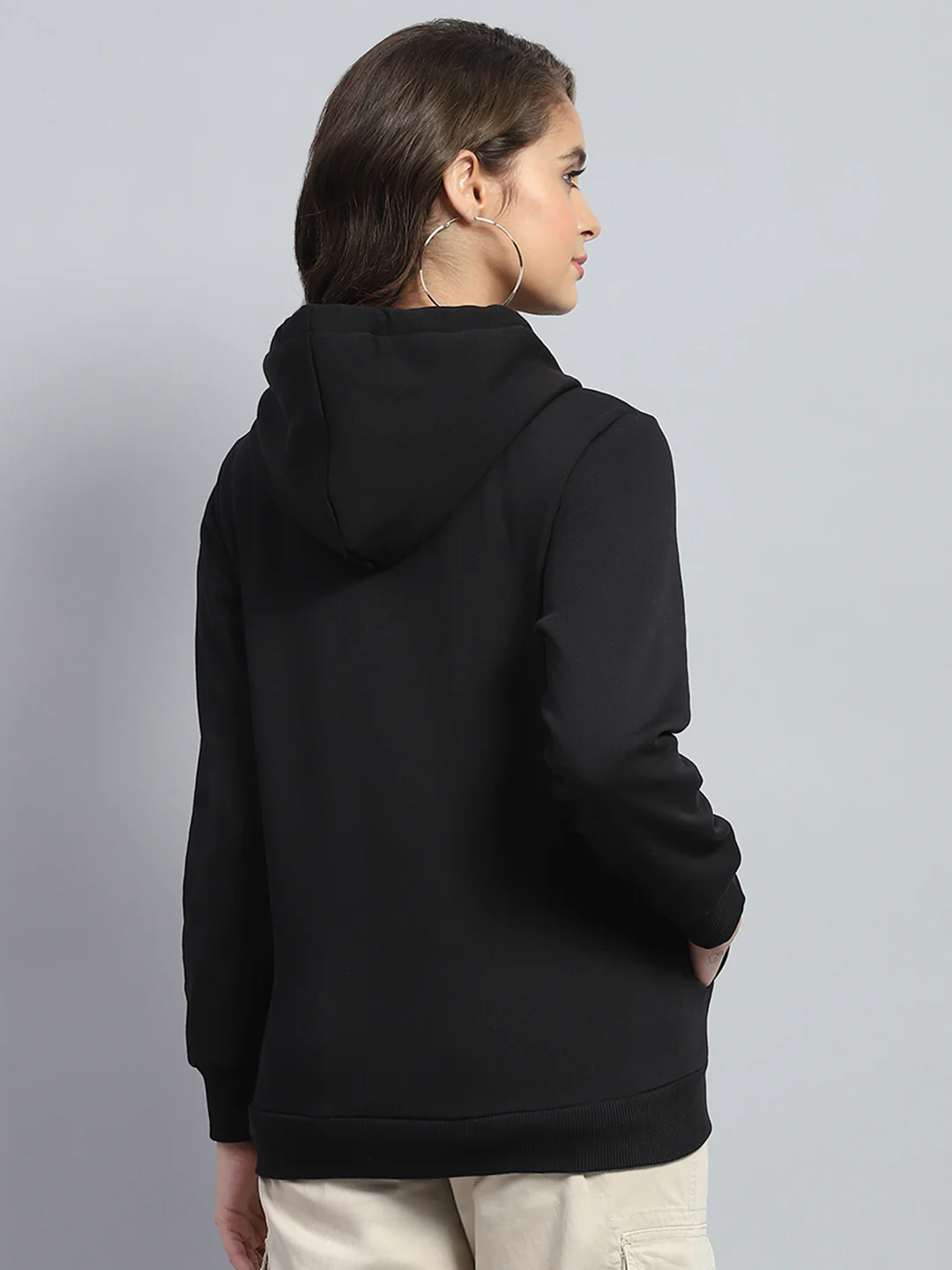 Women Black Solid Hooded Full Sleeve Sweatshirt - Image 5