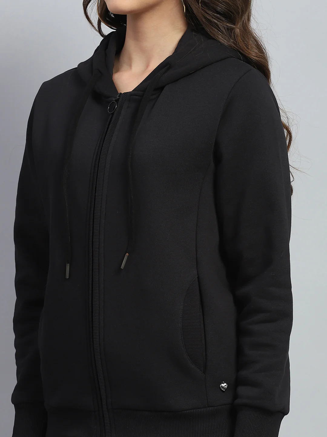 Women Black Solid Hooded Full Sleeve Sweatshirt - Image 6