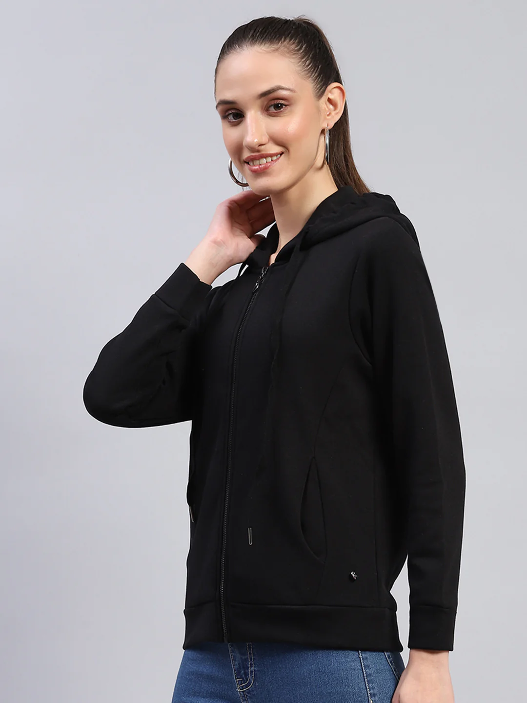 Women Black Solid Hooded Full Sleeve Sweatshirt - Image 3