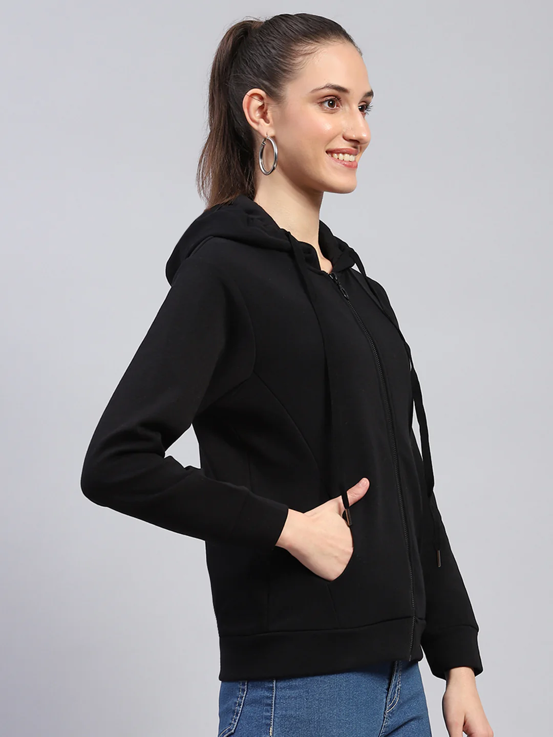 Women Black Solid Hooded Full Sleeve Sweatshirt - Image 4