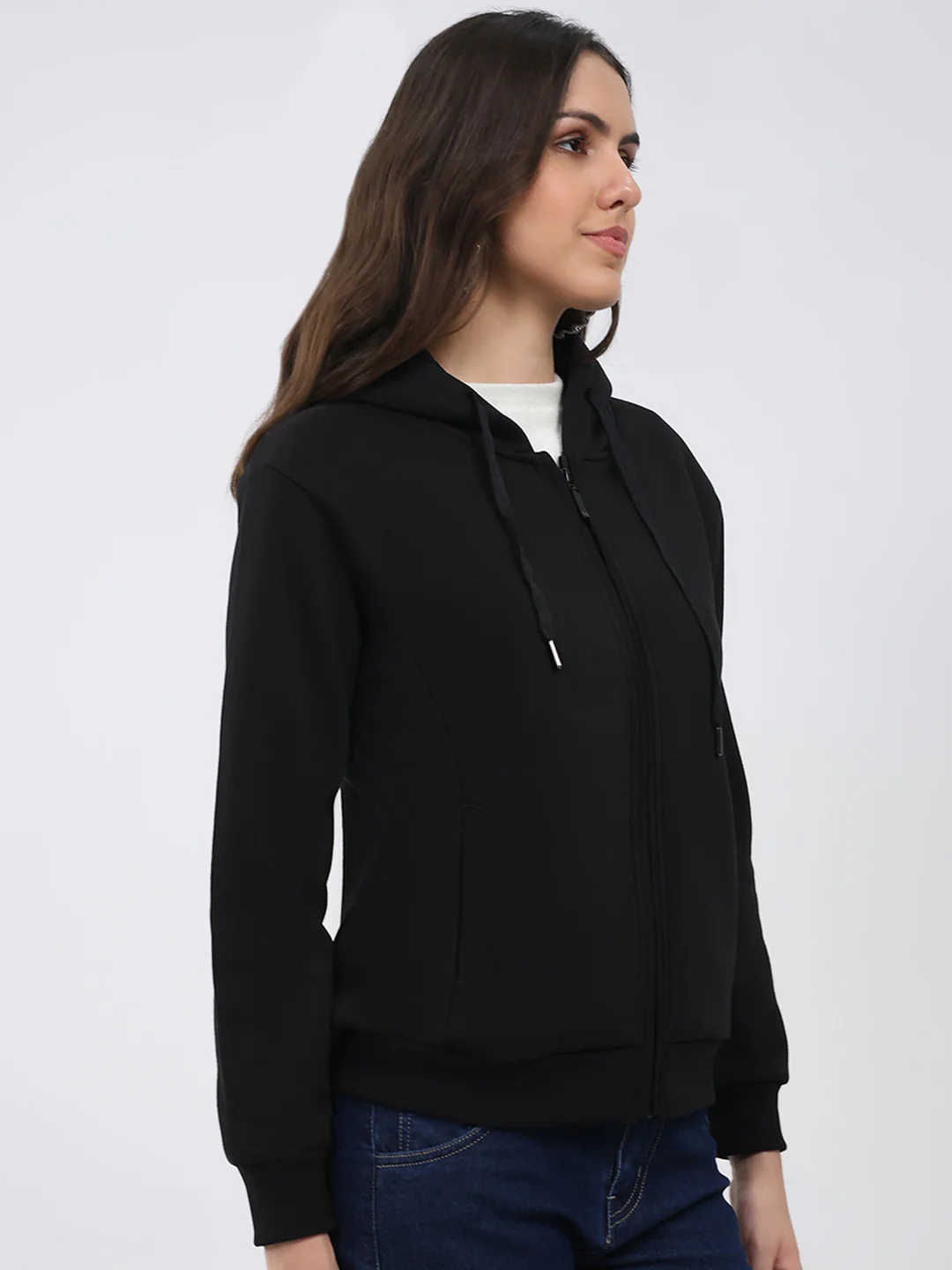 Women Black Solid Hooded Full Sleeve Sweatshirt - Image 4