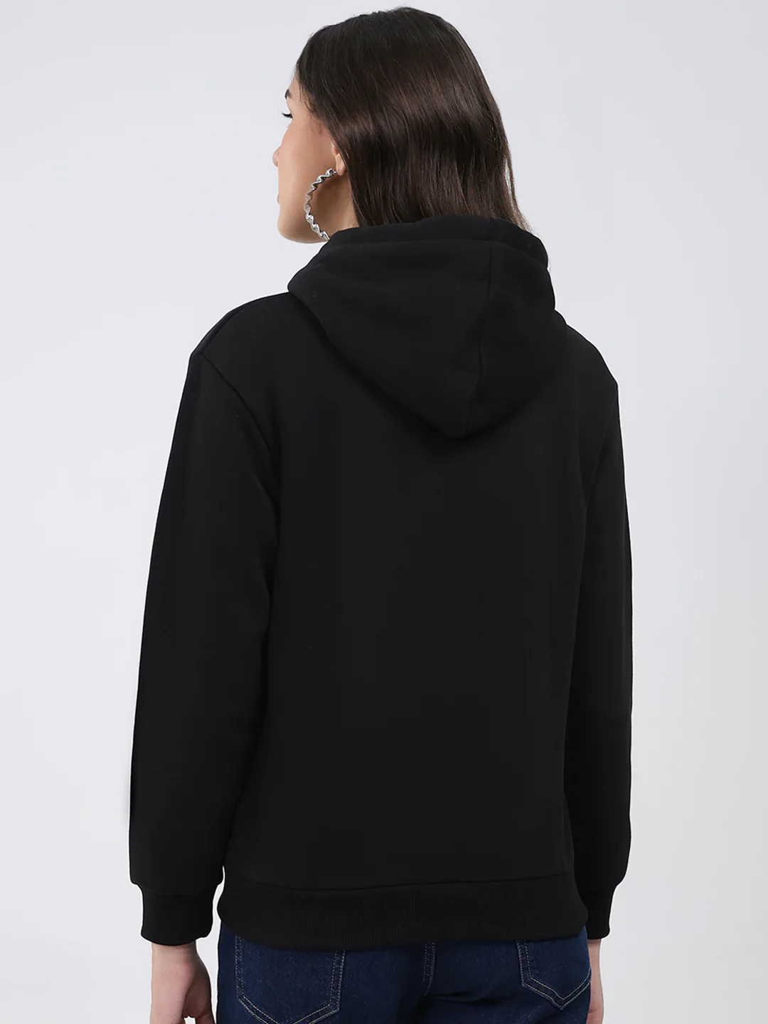 Women Black Solid Hooded Full Sleeve Sweatshirt - Image 5