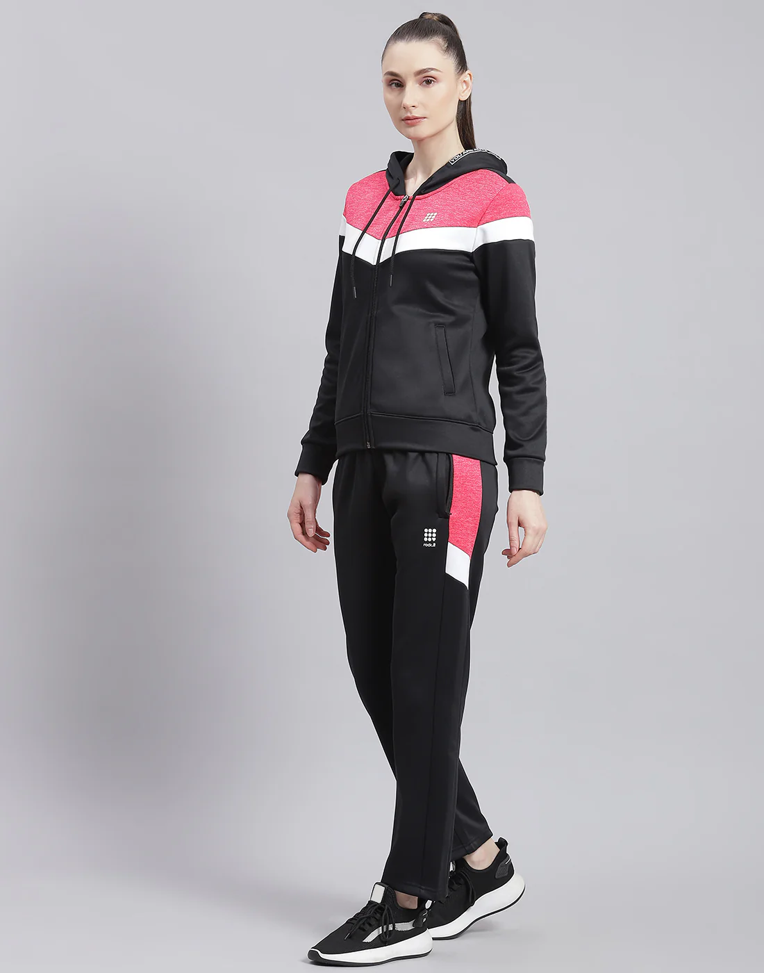 Rock.it Women Black Solid Hooded Full Sleeve Tracksuit - Image 3