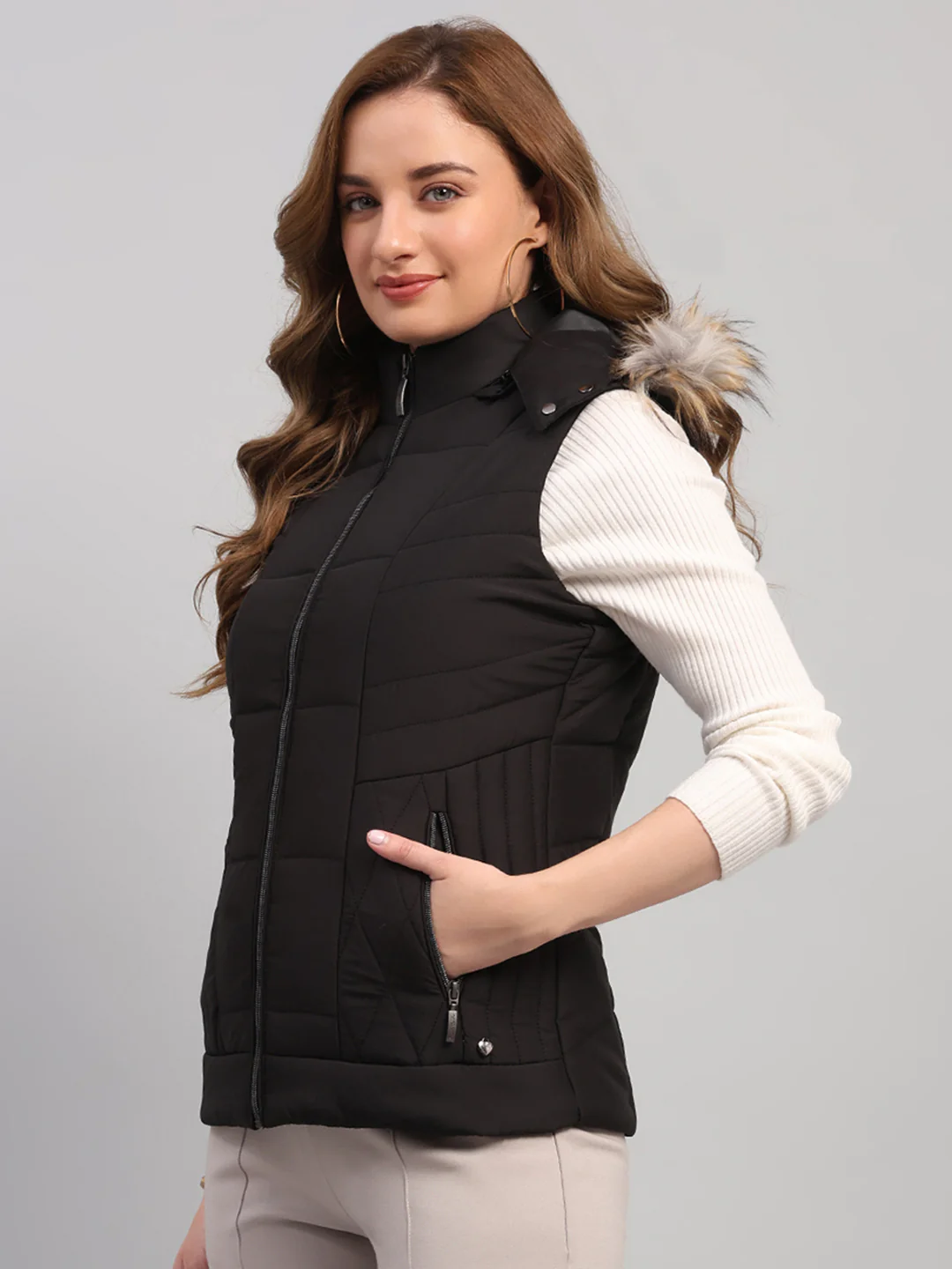 Women Black Solid Hooded Sleeveless Jacket - Image 3