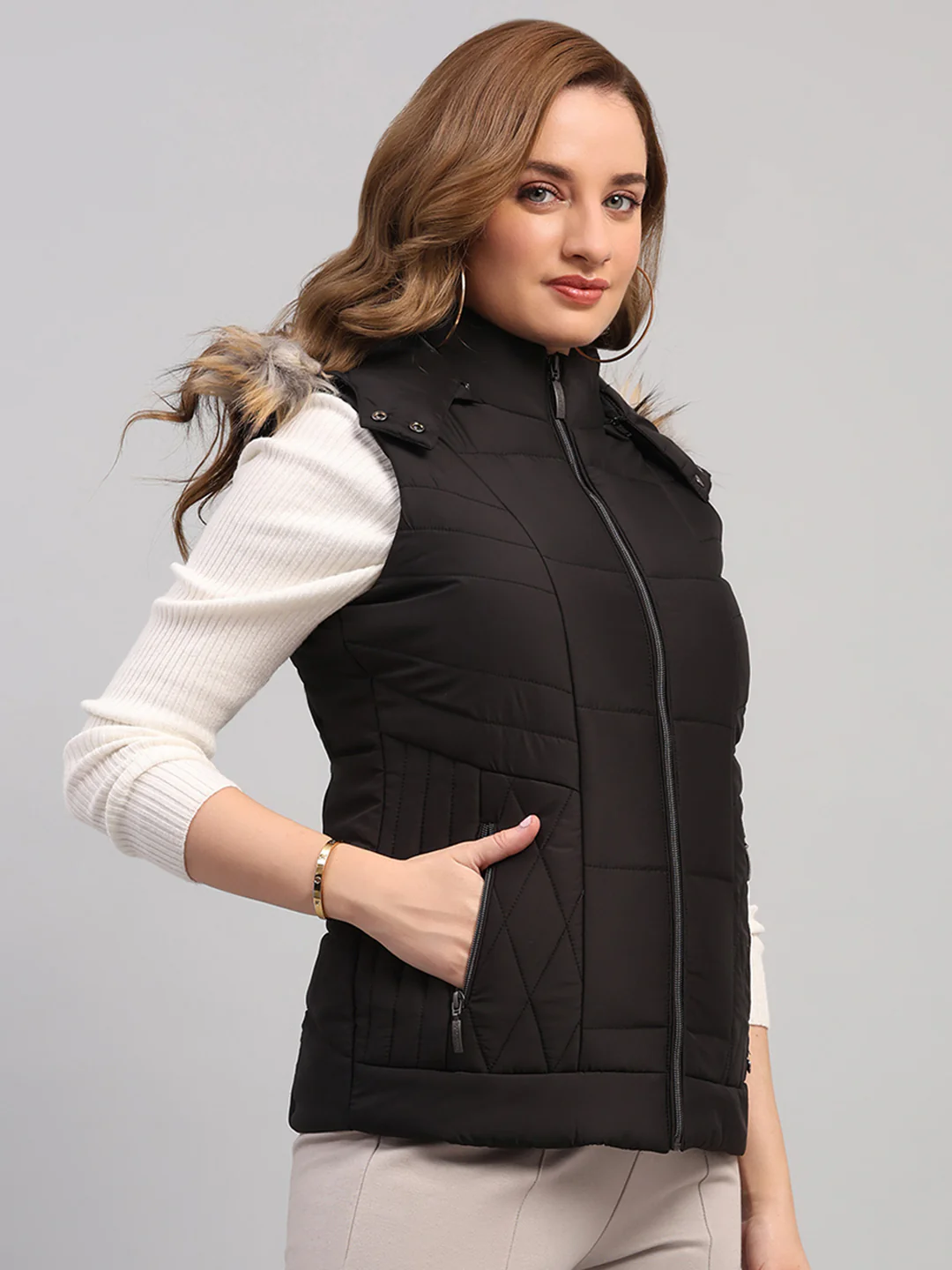 Women Black Solid Hooded Sleeveless Jacket - Image 4