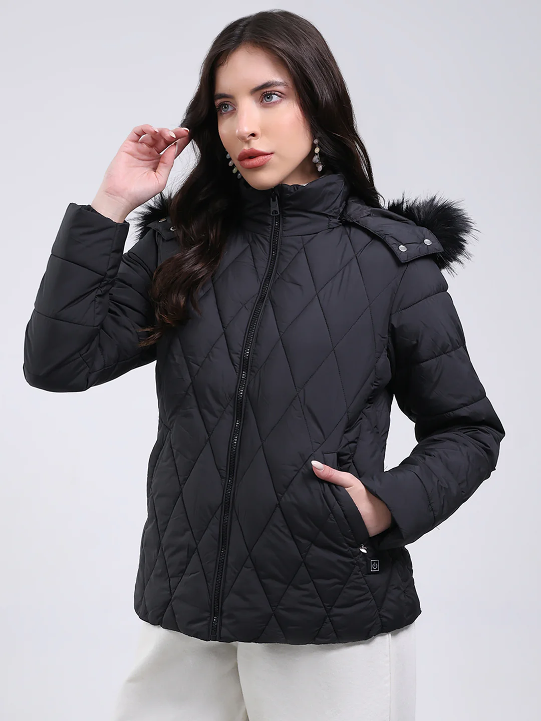 Women Black Solid Hooded USB Intelligent Heating Jacket - Image 3