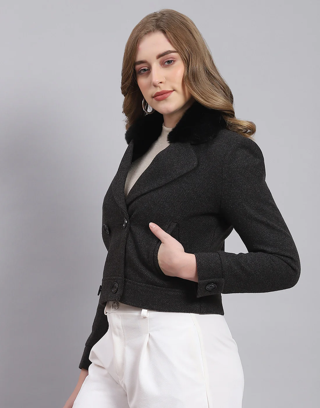 Women Black Solid Lapel Collar Full Sleeve Coat - Image 4
