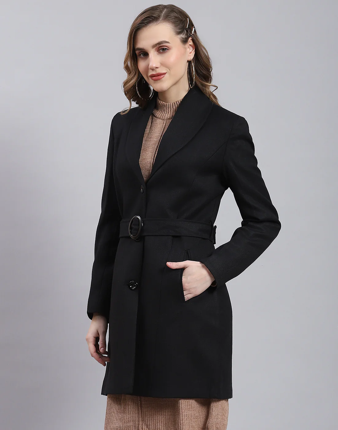 Women Black Solid Lapel Collar Full Sleeve Coat - Image 3