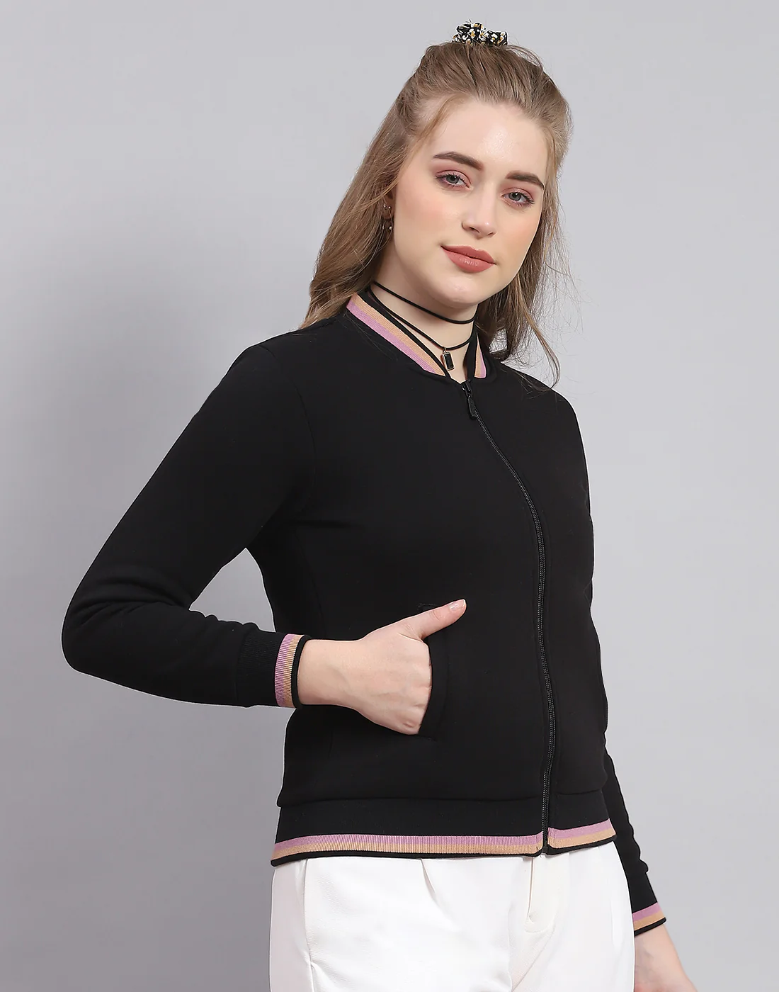 Women Black Solid Mandarin Collar Full Sleeve Sweatshirt - Image 5