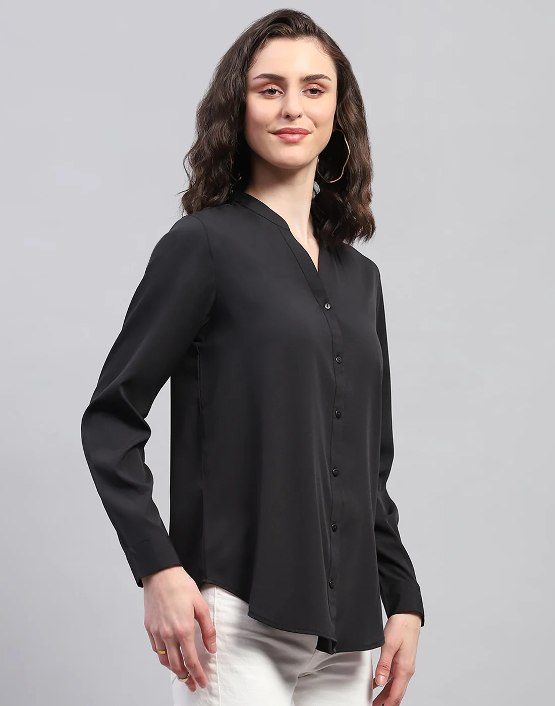 Women Black Solid Mandarin Collar Full Sleeve Top - Image 4