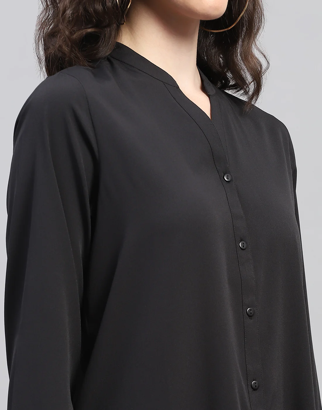Women Black Solid Mandarin Collar Full Sleeve Top - Image 6