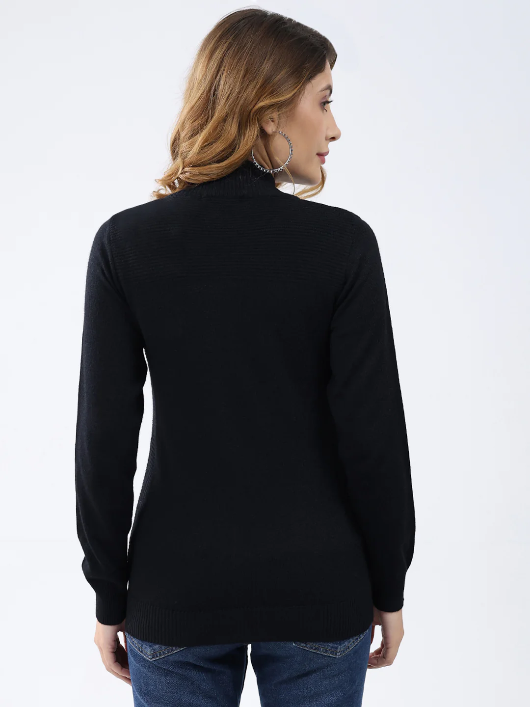 Women Black Solid Mock Neck Full Sleeve Cardigan - Image 5