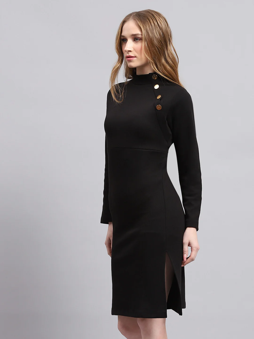 Women Black Solid Mock Neck Full Sleeve Dress - Image 3