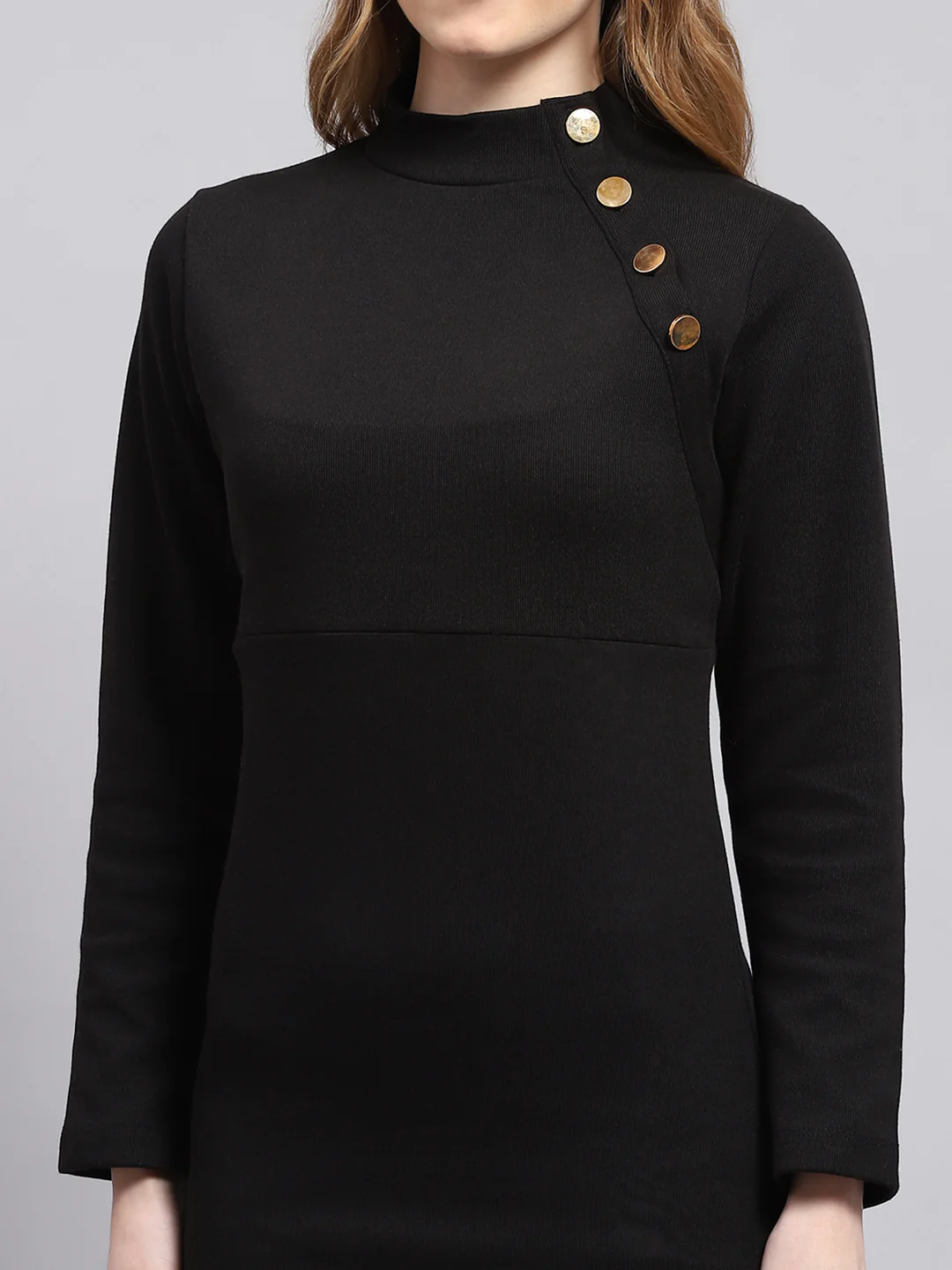 Women Black Solid Mock Neck Full Sleeve Dress - Image 6