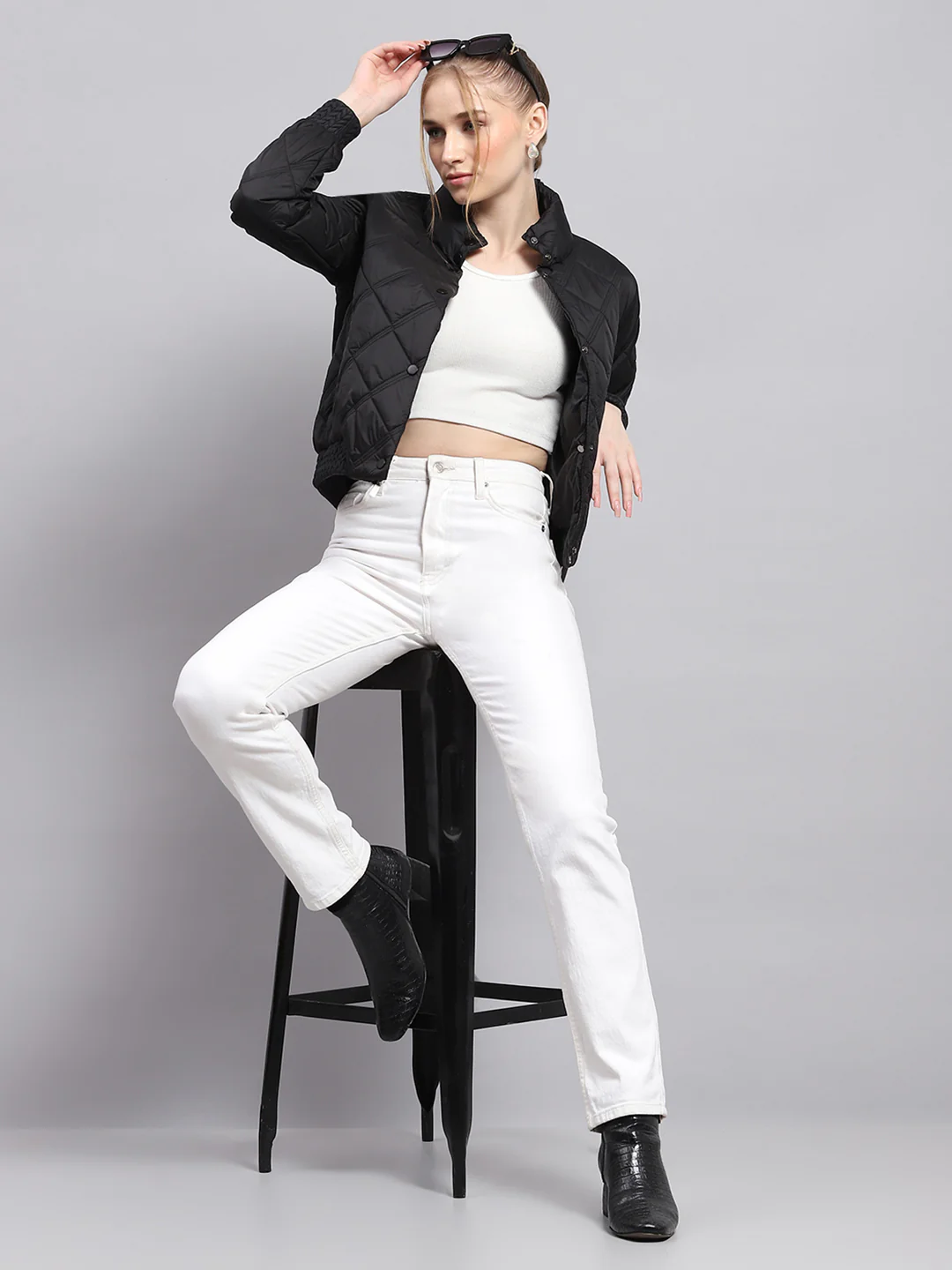 Women Black Solid Mock Neck Full Sleeve Jacket - Image 2