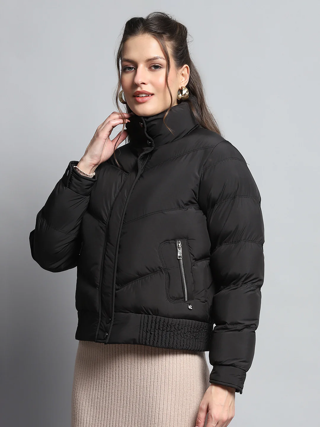 Women Black Solid Mock Neck Full Sleeve Jacket - Image 3