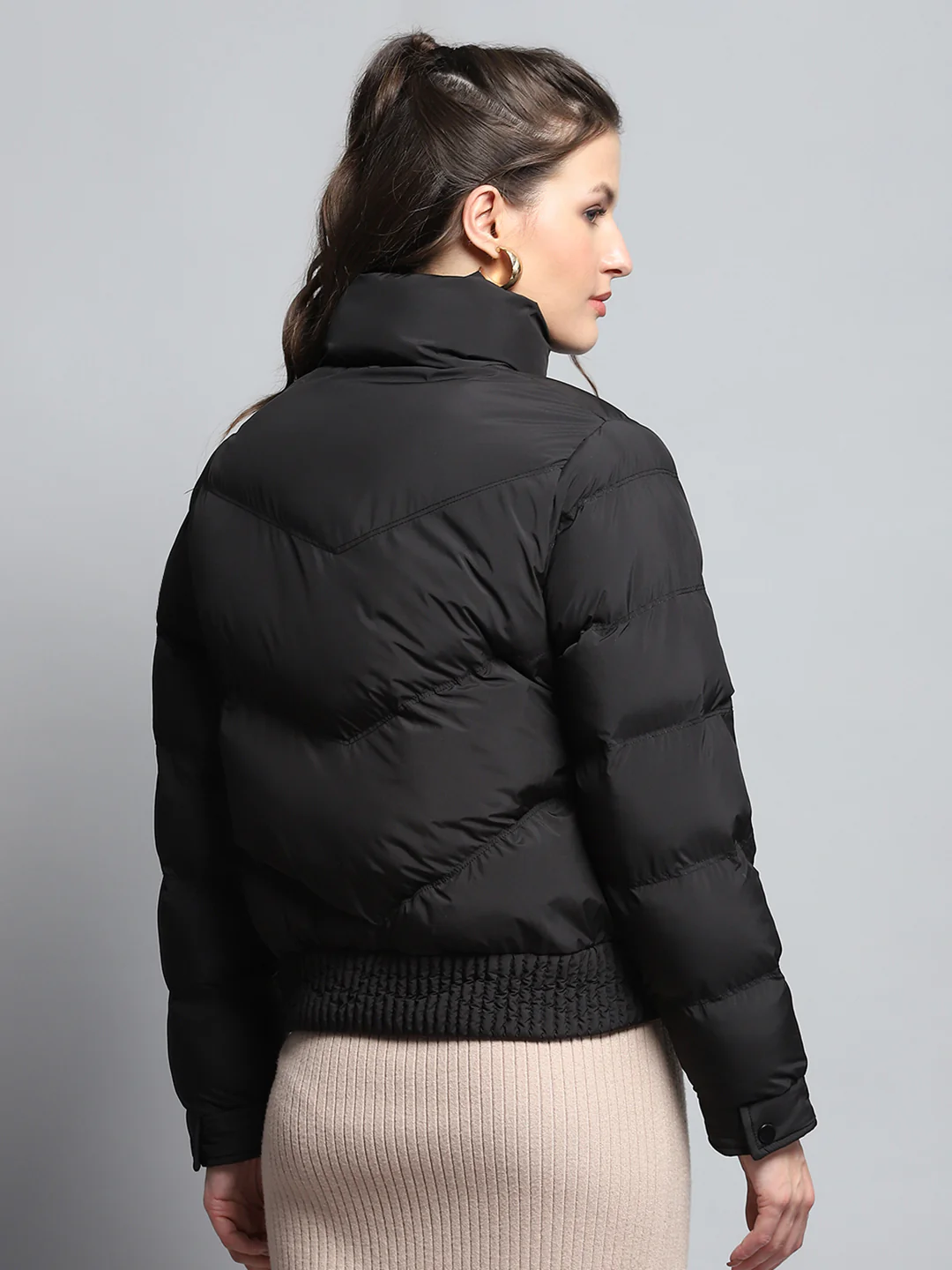 Women Black Solid Mock Neck Full Sleeve Jacket - Image 5