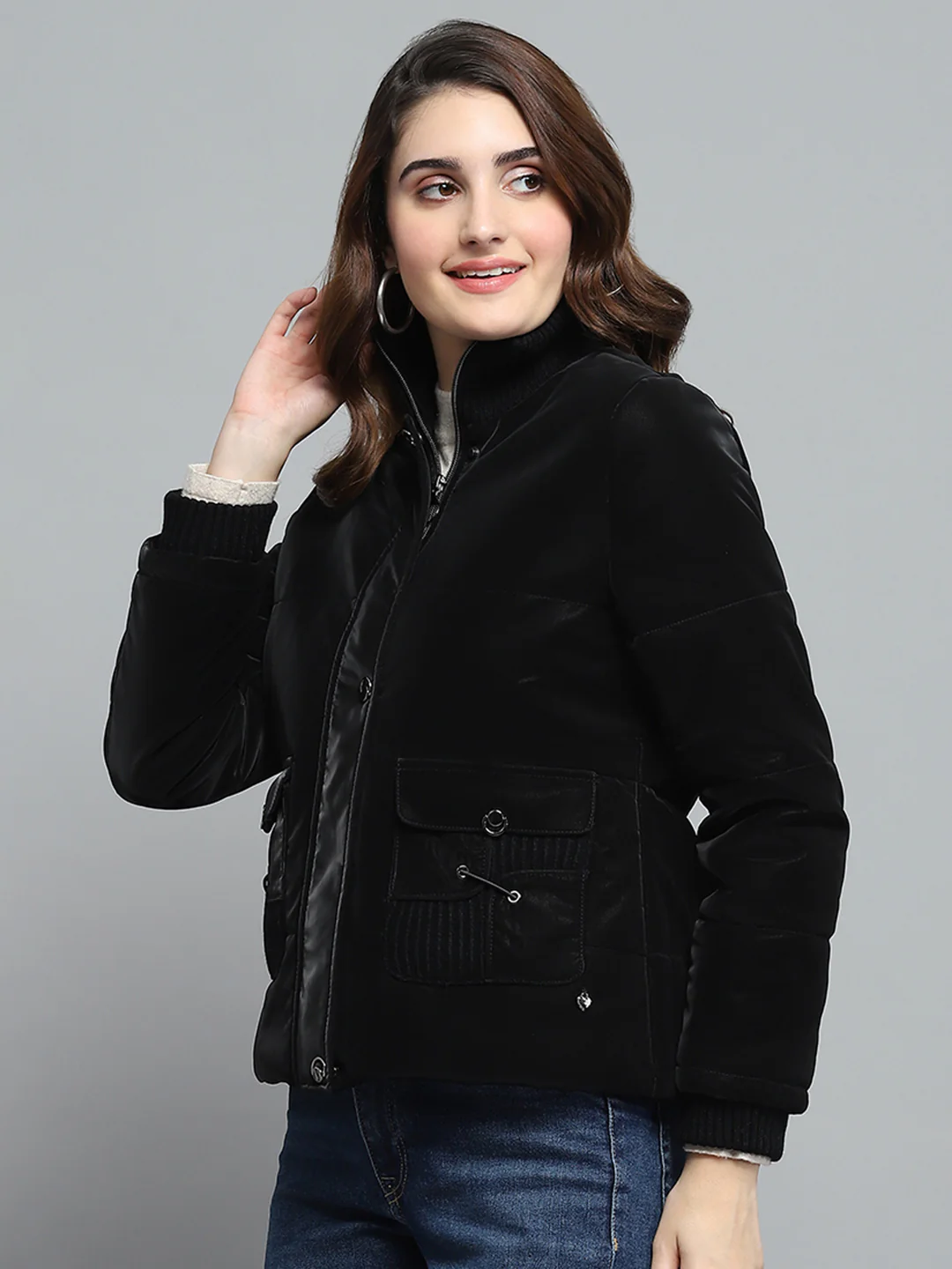 Women Black Solid Mock Neck Full Sleeve Jacket - Image 3