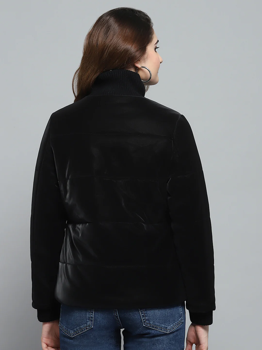 Women Black Solid Mock Neck Full Sleeve Jacket - Image 5