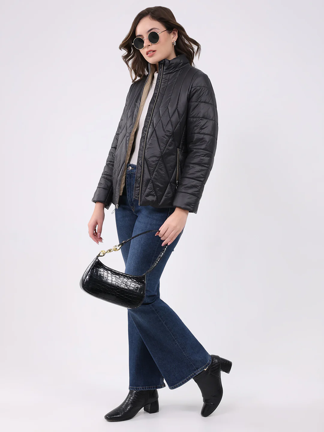 Women Black Solid Mock Neck Full Sleeve Jacket - Image 2