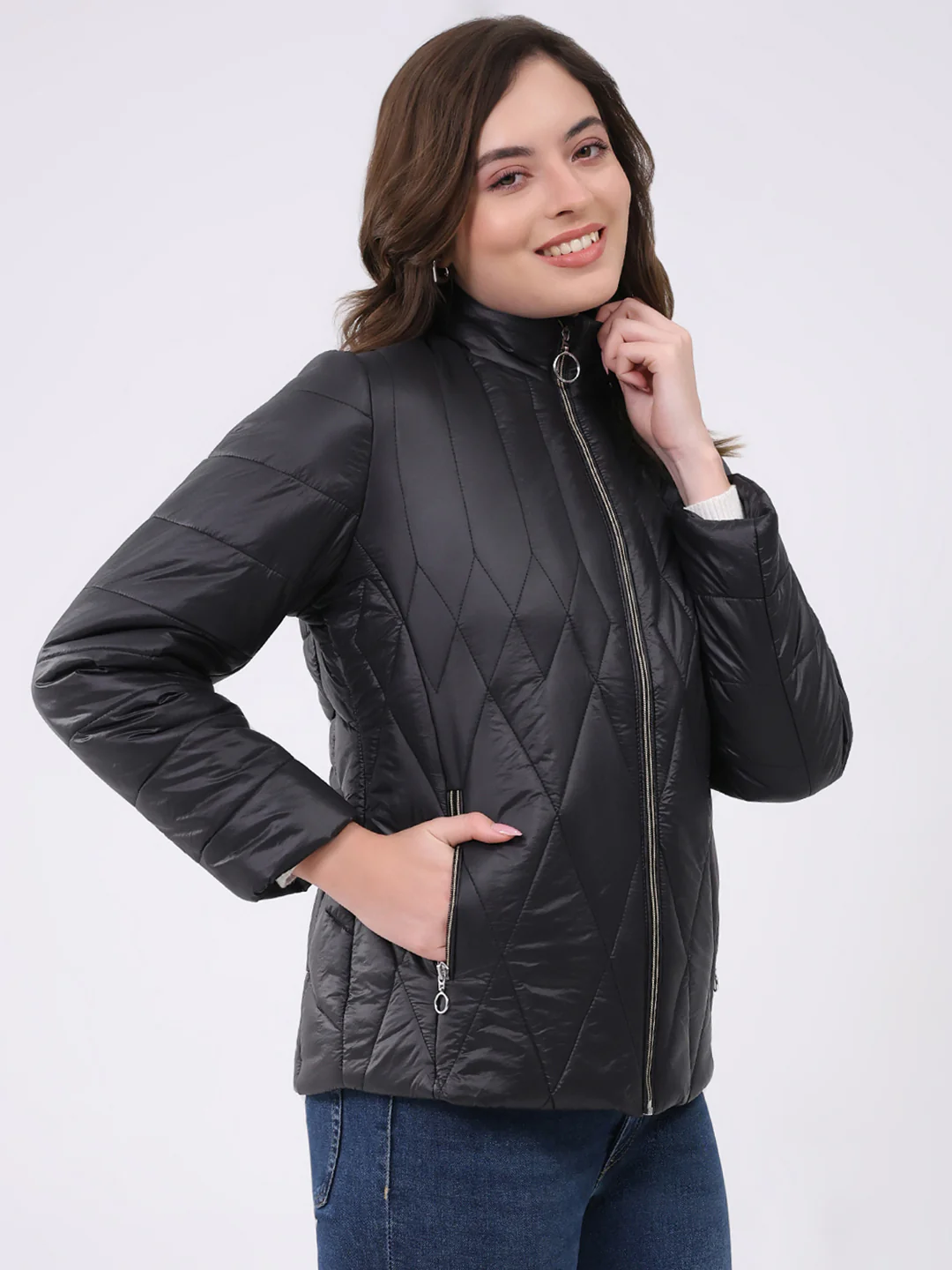 Women Black Solid Mock Neck Full Sleeve Jacket - Image 4