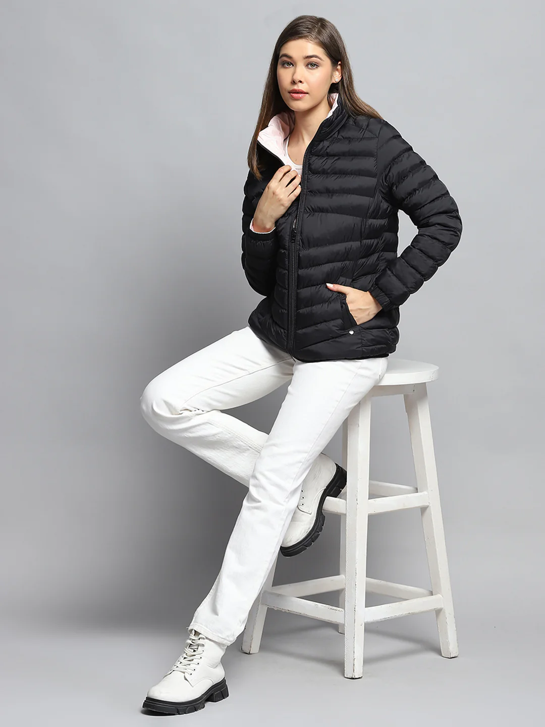 Women Black Solid Mock Neck Full Sleeve Reversible Jacket - Image 2