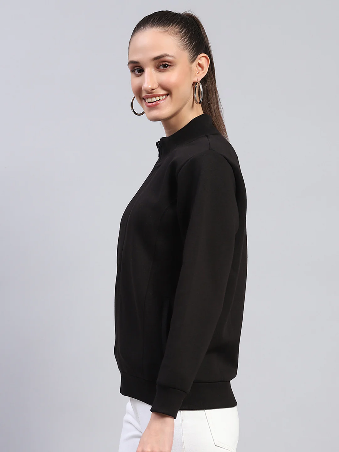 Women Black Solid Mock Neck Full Sleeve Sweatshirt - Image 3
