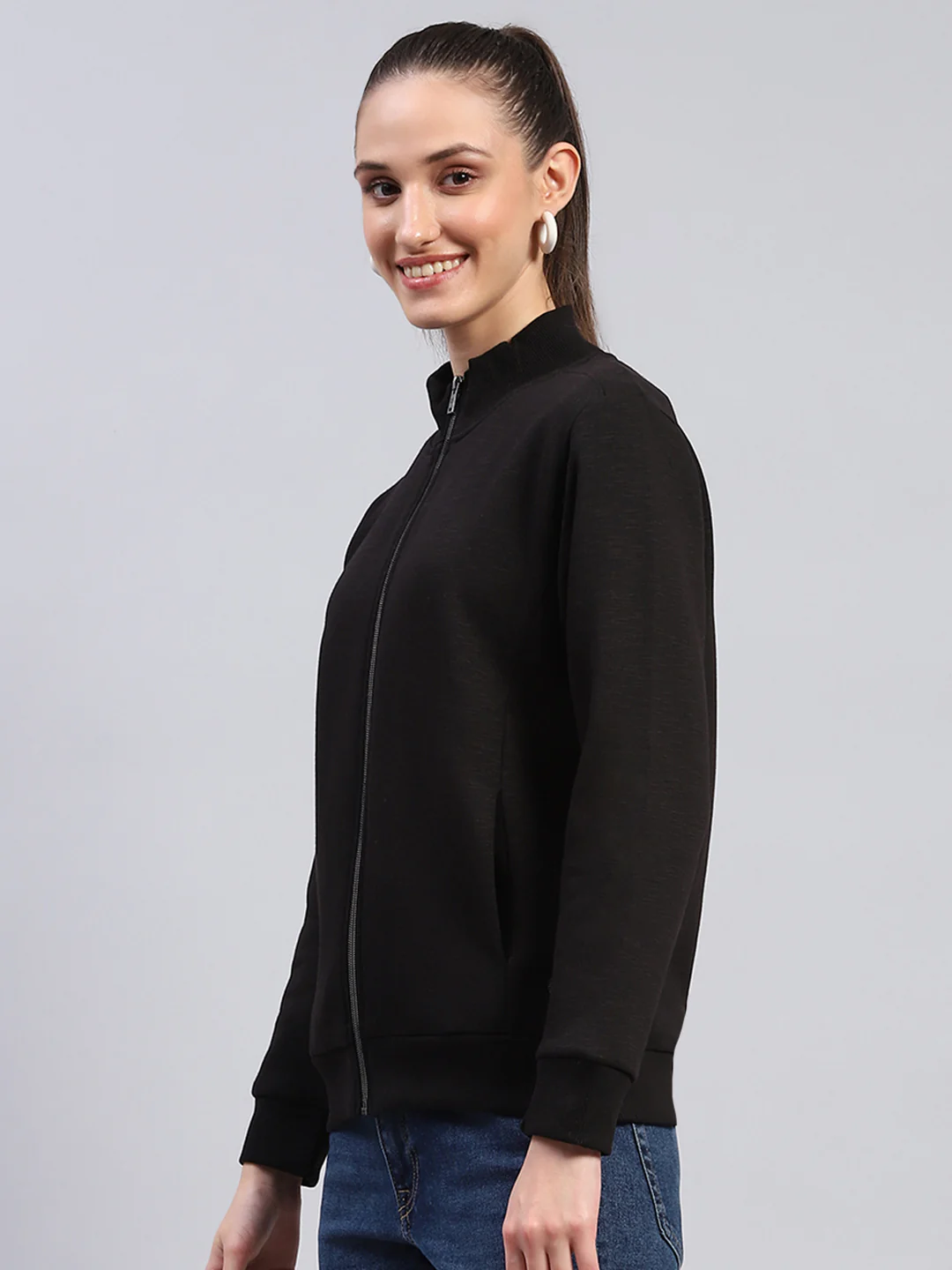 Women Black Solid Mock Neck Full Sleeve Sweatshirt - Image 3