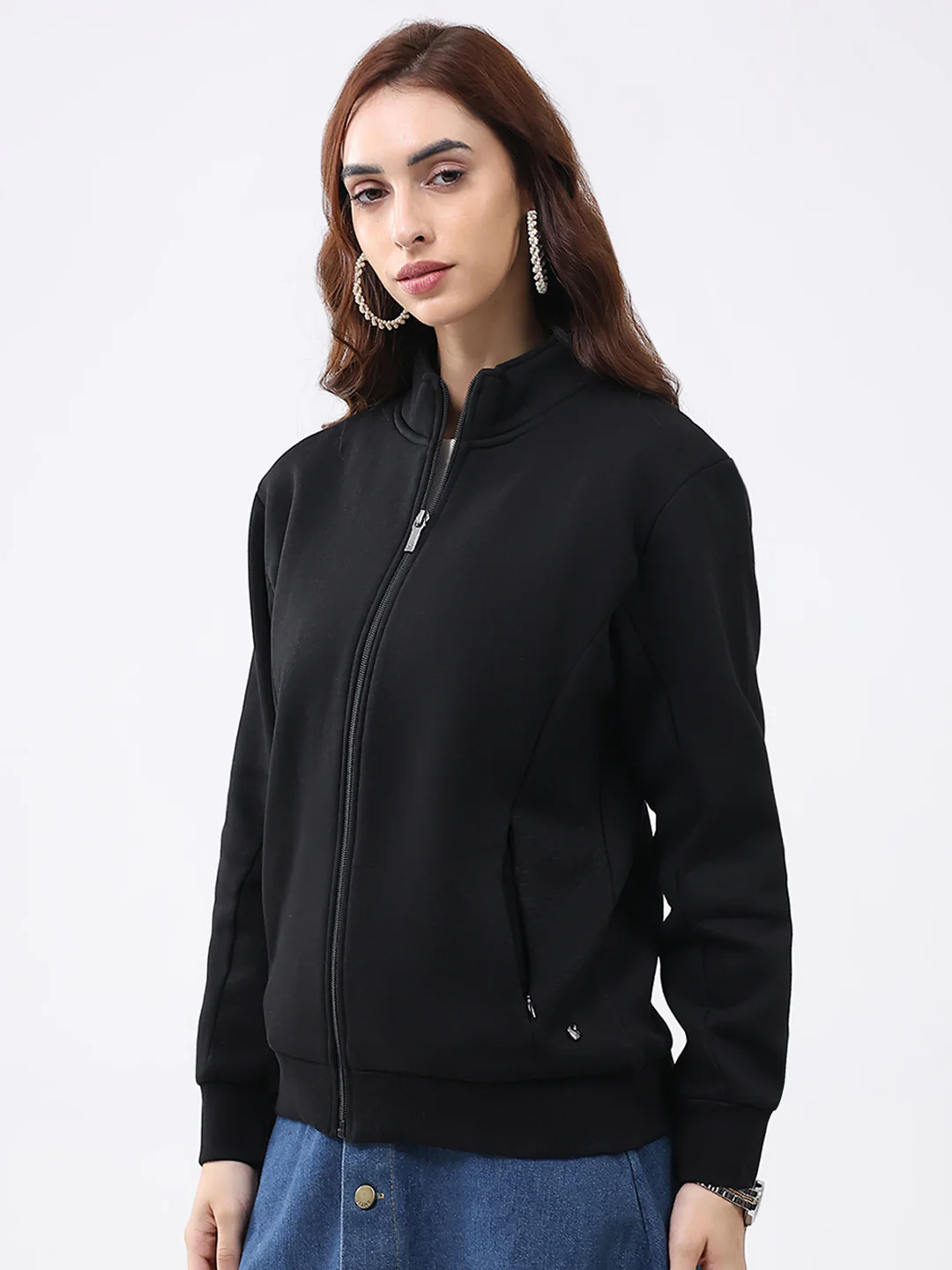 Women Black Solid Mock Neck Full Sleeve Sweatshirt - Image 3